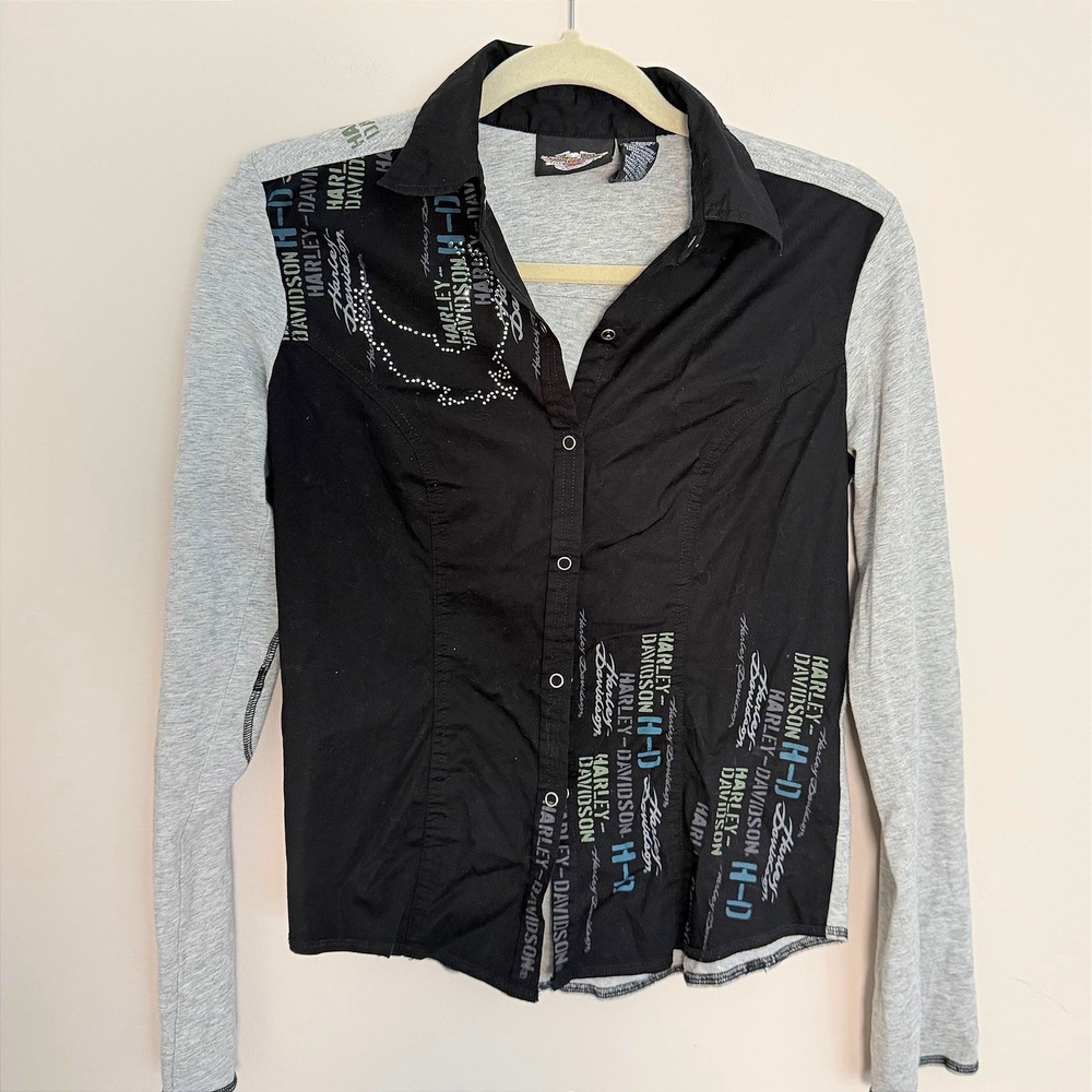 Women's Harley Davidson Button Down Black Blouse Logo Embellished Top SZ S